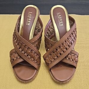 Lauren Ralph Lauren Brown Leather Mules with Woven Design